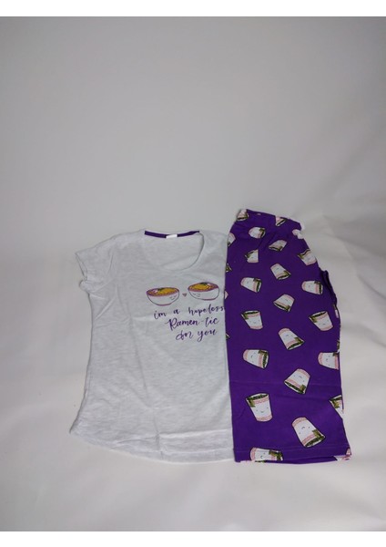 Kadın Bej Mor Kısa Kollu Desenli Kısa Kol Kapri Pamuk Pijama Takımı