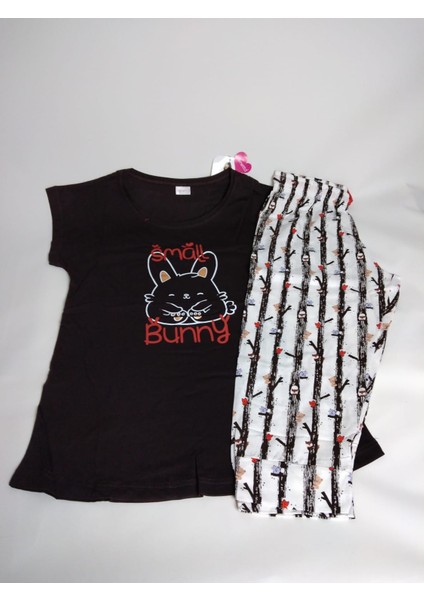 Kadın Koyu Kahverengi Yarasa Kısa Kollu Desenli Kapri Pamuk Pijama Takımı