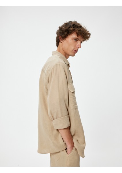 Uzun Kollu Gömlek Müslin Kapaklı Cep Detaylı Pamuklu