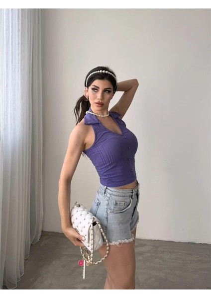 Fav Style Kadın Gömlek Yaka Düğme Detaylı Sırt Dekolteli Crop Bluz