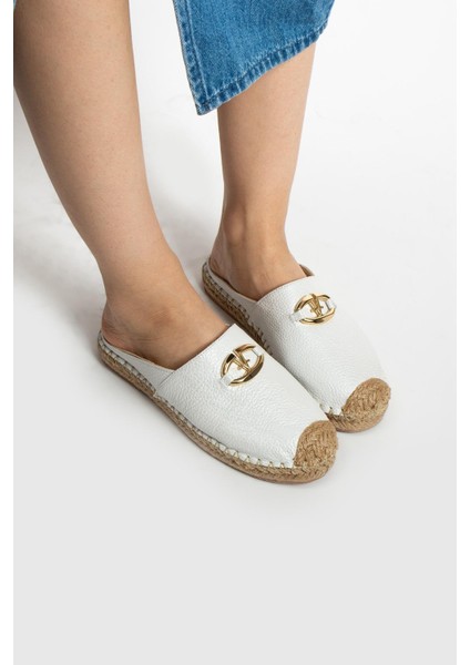 Kadın Hakiki Deri Espadril Terlik Beyaz