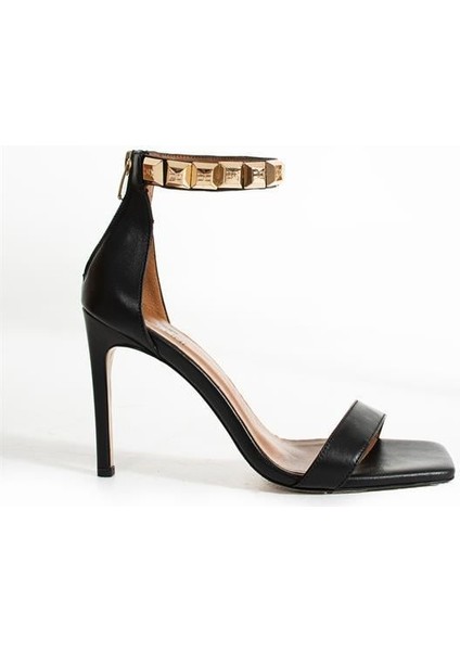 Kadın Siyah Hakiki Deri Bilek Detaylı Topuklu Ayakkabı Siyah