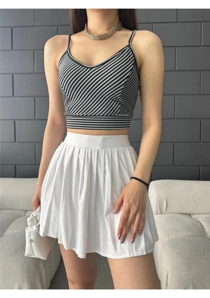 Fav Style Kadın Ince Askılı V Yaka Çizgili Crop Bluz