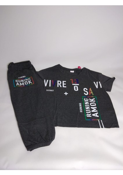 Kadın Antrasit Oversize Bisiklet Yaka Desenli Kısa Kollu Kapri Pamuk Pijama Takım