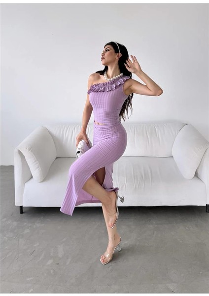 Kadın Tek Omuz Fırfır Detaylı Crop Bluz ve Yırtmaçlı Etek Alt-Üst Takım