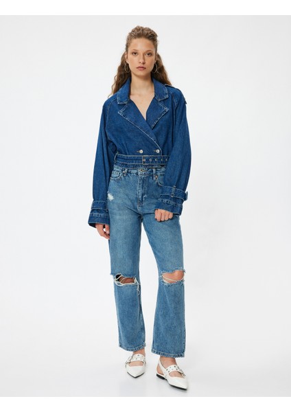 Normal Bel Düz Paça Yıpratılmış Kot Pantolon - Straight Fit Jeans