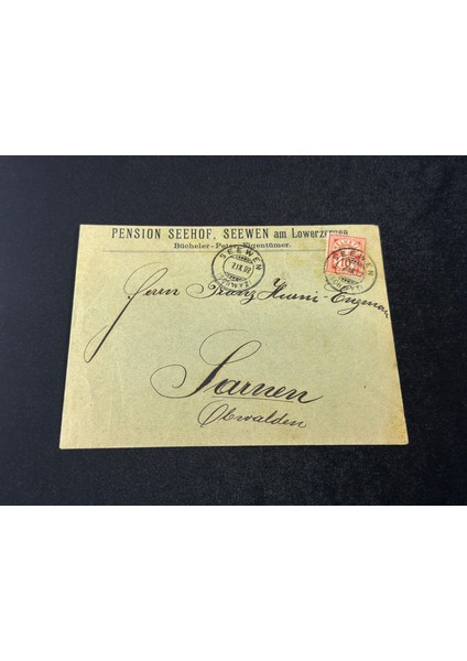 1902 Isviçre Helvetia 10 Franco Pullu Pansiyon / Pension Seehof Seewen Ait Zarf Varış Damgalı