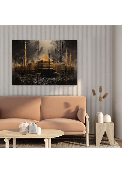 Kabe Kaligrafi Duvar Tablosu - Kabe, Kanvas Tablo, Altın Vuruşlu, Zarif Vuruşlar, 30X30 cm