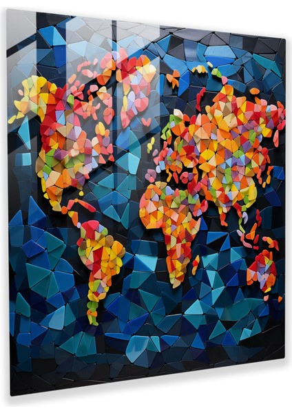 Geometrik Dünya Haritası Cam Baskı - Dünya Haritası, Cam Fayans, Duvar Dekorasyonu, Benzersiz, 30X30 cm