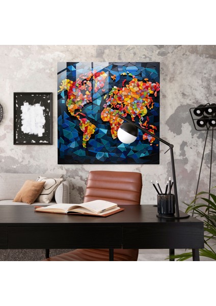 Geometrik Dünya Haritası Cam Baskı - Dünya Haritası, Cam Fayans, Duvar Dekorasyonu, Benzersiz, 30X30 cm fiyatları