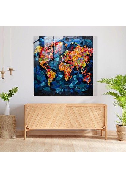 Geometrik Dünya Haritası Cam Baskı - Dünya Haritası, Cam Fayans, Duvar Dekorasyonu, Benzersiz, 30X30 cm modelleri
