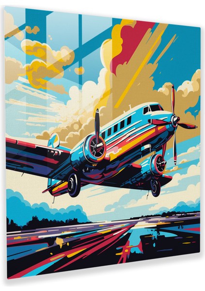 Uçak Cam Baskı - Pop Art Illüstrasyon - Uçak, Uçak, Cam Sanatı, Cesur Renkler, 30X30 cm