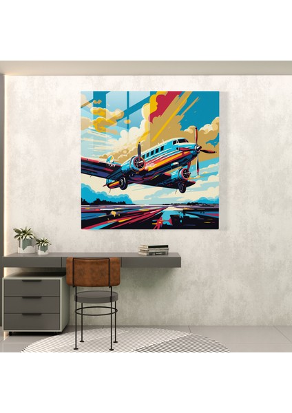 Uçak Cam Baskı - Pop Art Illüstrasyon - Uçak, Uçak, Cam Sanatı, Cesur Renkler, 30X30 cm fiyatları