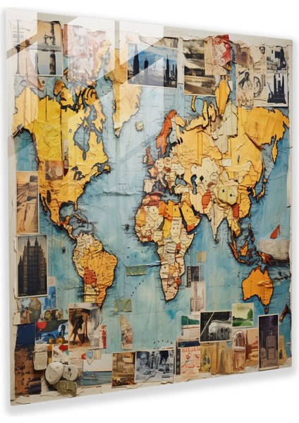 Dünya Haritası Cam Baskı - Kolaj Sanatı - Dünya Haritası, Ev Dekorasyonu, Kolaj Sanatı, Cam Baskı, 30X30 cm