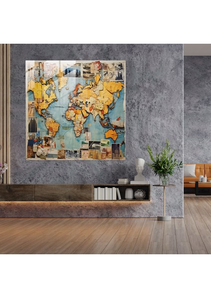 Dünya Haritası Cam Baskı - Kolaj Sanatı - Dünya Haritası, Ev Dekorasyonu, Kolaj Sanatı, Cam Baskı, 30X30 cm fiyatları