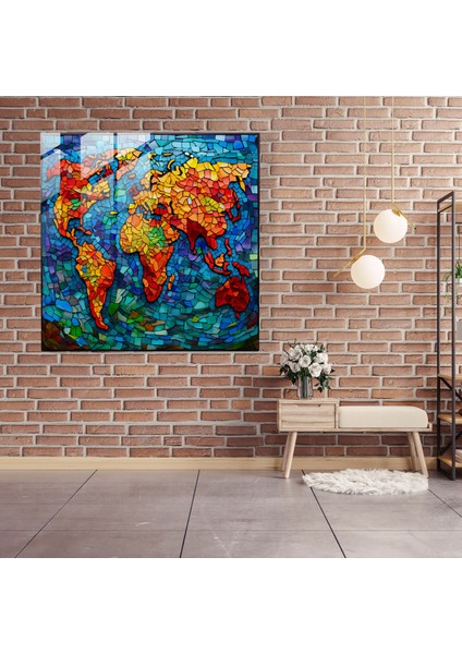 Dünya Haritası Cam Baskı - Vitray Mozaik - Dünya Haritası, Cam Duvar Sanatı, Cam Baskı, Mozaik Sanatı, 30X30 cm fiyatları