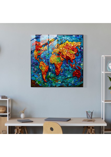 Dünya Haritası Cam Baskı - Vitray Mozaik - Dünya Haritası, Cam Duvar Sanatı, Cam Baskı, Mozaik Sanatı, 30X30 cm modelleri
