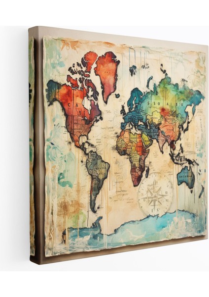Ilham Verici Dünya Haritası Kanvas Tablo - Dünya Haritası, Duvar Sanatı, Güzellik, Alıntılar, 30X30 cm