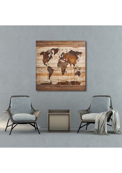 Rustik Dünya Haritası Kanvas Tablo - Dünya Haritası, Ahşap Arka Plan, Duvar Süslemesi, Eskitilmiş, 30X30 cm