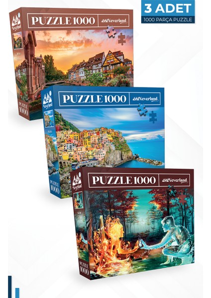 3 Adet 1000 Parça Puzzle - Colmar ve Ateş ve Su ve Cınque Terre