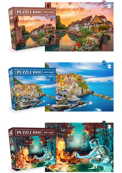 3 Adet 1000 Parça Puzzle - Colmar ve Ateş ve Su ve Cınque Terre