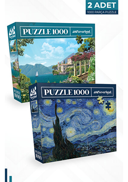 2 Adet 1000 Parça Puzzle - Yıldızlı Gece ve Sahil Evi