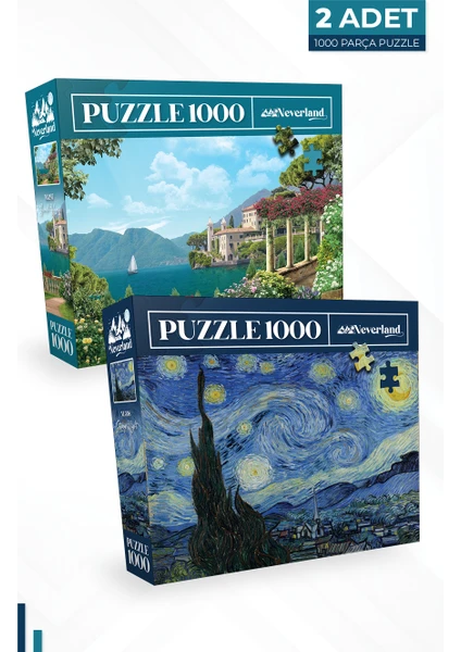 2 Adet 1000 Parça Puzzle - Yıldızlı Gece ve Sahil Evi