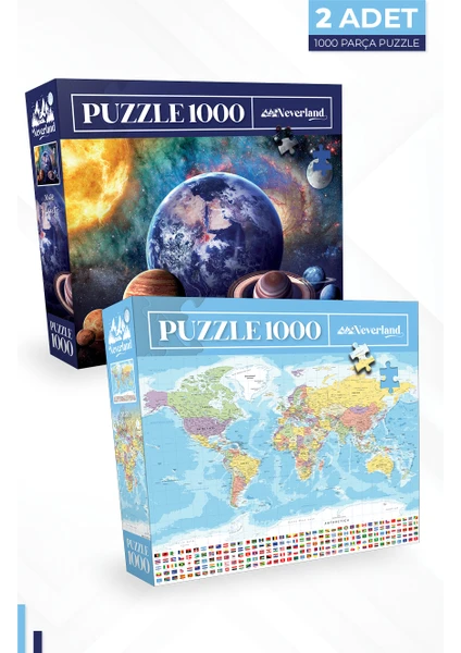 2 Adet 1000 Parça Puzzle - Gezegenler ve Dünya Haritası-I