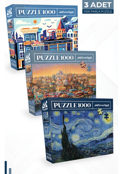 3 Adet 1000 Parça Puzzle - Yıldızlı Gece ve Istanbul ve Istanbul Evenıng