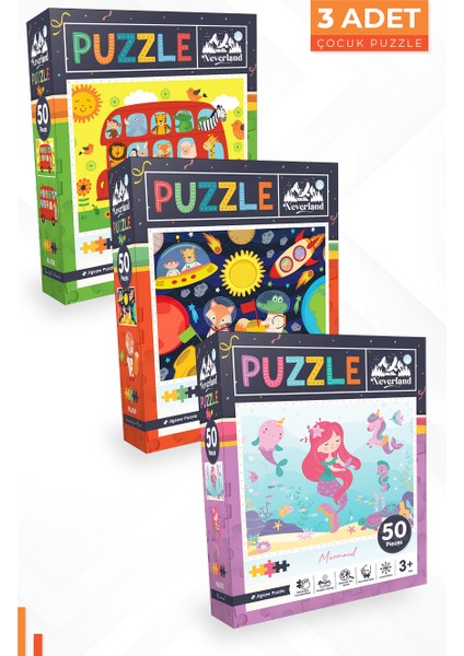 3 Adet 50 Parça Puzzle - Hayvanlarla Otobüs ve Ay Hayvanları ve Deniz Kızı