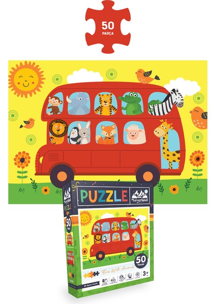 3 Adet 50 Parça Puzzle - Hayvanlarla Otobüs ve Ay Hayvanları ve Deniz Kızı