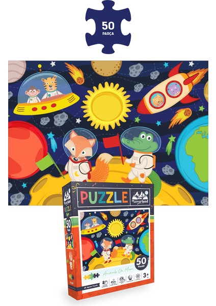 3 Adet 50 Parça Puzzle - Hayvanlarla Otobüs ve Ay Hayvanları ve Deniz Kızı