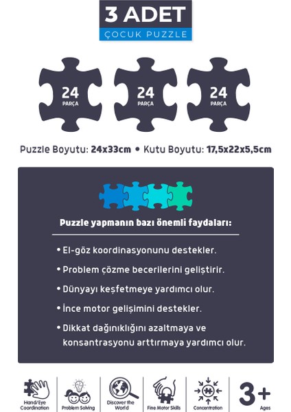 3 Adet 24 Parça Puzzle - Sevimli Dinozorlar ve Çiftlik Hayvanları ve Sevimli Prenses