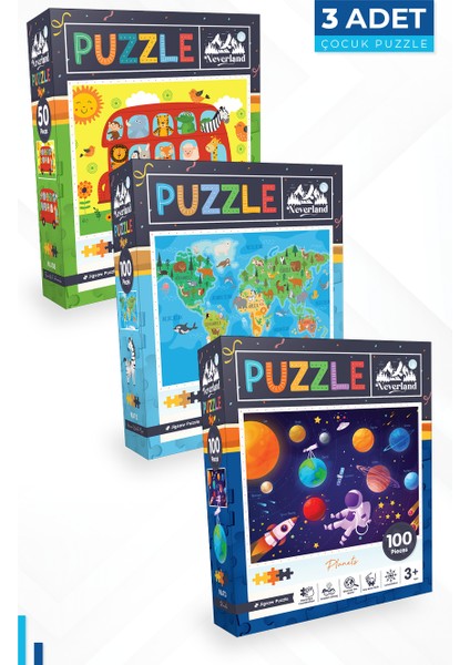 3 Adet Puzzle - 50 P. Hayvanlarla Otobüs ve 100 P. Hayvan Dünya Haritası ve 100 P. Gezegenler