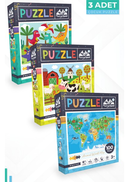 3 Adet Puzzle - 24 P.sevimli Dinozorlar ve 24 P. Çiftlik Hayvanları ve 100 P. Hayvan Dünya Haritası