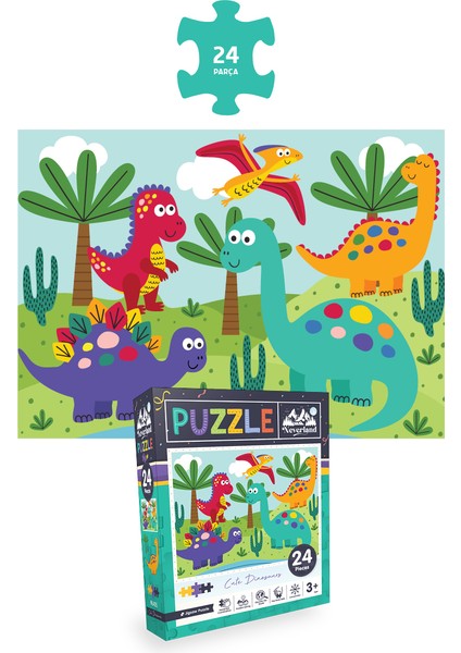 3 Adet Puzzle - 24 P.sevimli Dinozorlar ve 24 P. Çiftlik Hayvanları ve 100 P. Hayvan Dünya Haritası