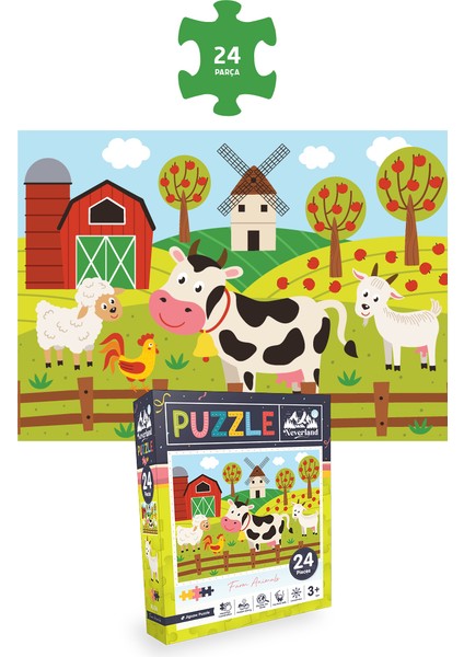 3 Adet Puzzle - 24 P.sevimli Dinozorlar ve 24 P. Çiftlik Hayvanları ve 100 P. Hayvan Dünya Haritası