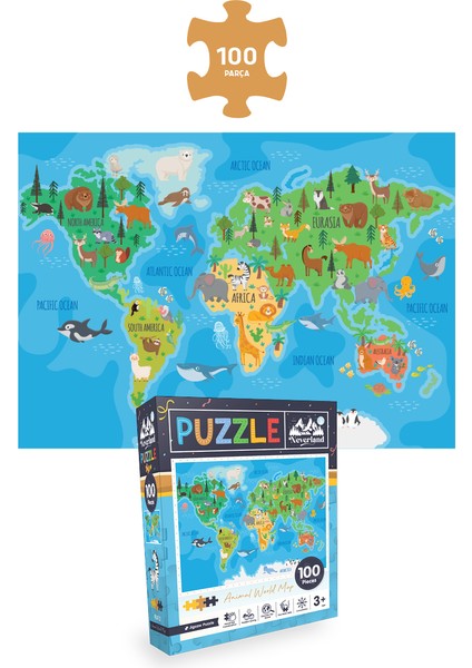 3 Adet Puzzle - 24 P.sevimli Dinozorlar ve 24 P. Çiftlik Hayvanları ve 100 P. Hayvan Dünya Haritası