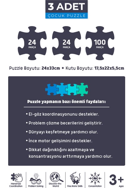 3 Adet Puzzle - 24 P.sevimli Dinozorlar ve 24 P. Çiftlik Hayvanları ve 100 P. Hayvan Dünya Haritası