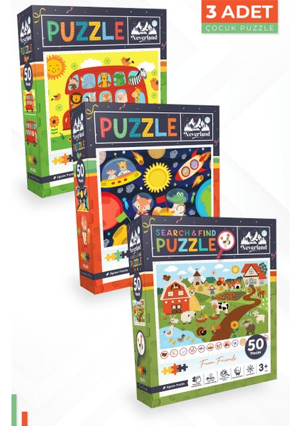 3 Adet 50 Parça Puzzle - Hayvanlarla Otobüs ve Ay Hayvanları ve Ara ve Bul Çiftlik Arkadaşları
