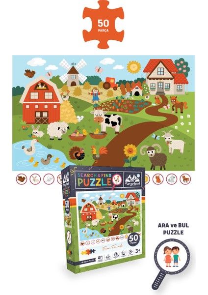 4 Adet Puzzle - 50 P. Hayvanlarla Otobüs ve Ay Hayvanları ve Çiftlik Arkadaşları ve Sonbahar Ormanı