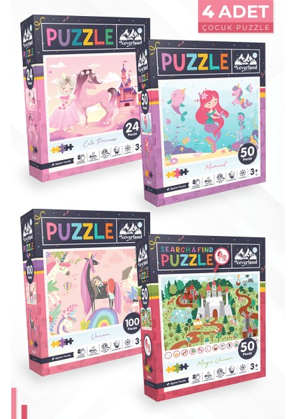 4 Adet Puzzle - 24 P. Sevimli Prenses ve 50 P.deniz Kızı ve 100 P. Unıcorn ve 50 P. Sihirli Unıcorn