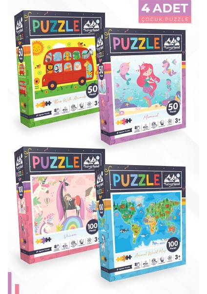 4 Adet Puzzle - 50 P.hayvanlarla Otobüs ve Deniz Kızı ve 100 P. Unıcorn ve Hayvan Dünya Haritası