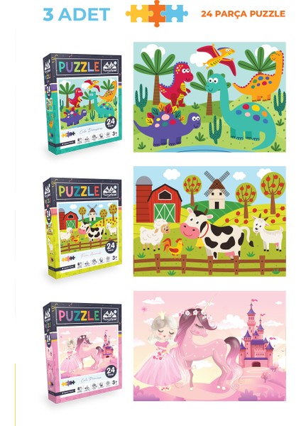 12 Adet Puzzle Set - 3 Adet 24 Parça + 6 Adet 50 Parça + 3 Adet 100 Parça