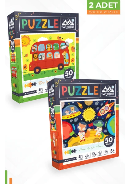 2 Adet 50 Parça Puzzle - Hayvanlarla Otobüs ve Ay Hayvanları