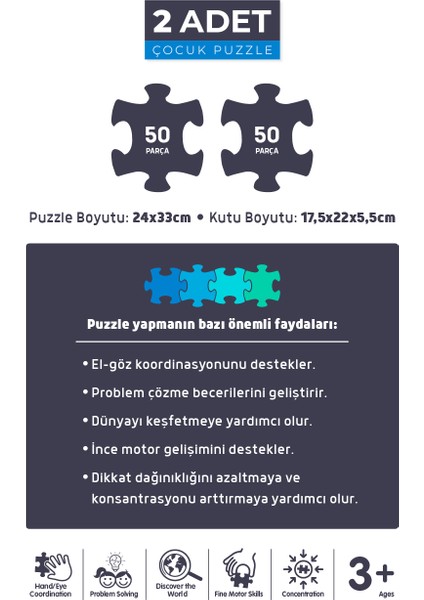 2 Adet 50 Parça Puzzle - Hayvanlarla Otobüs ve Ay Hayvanları