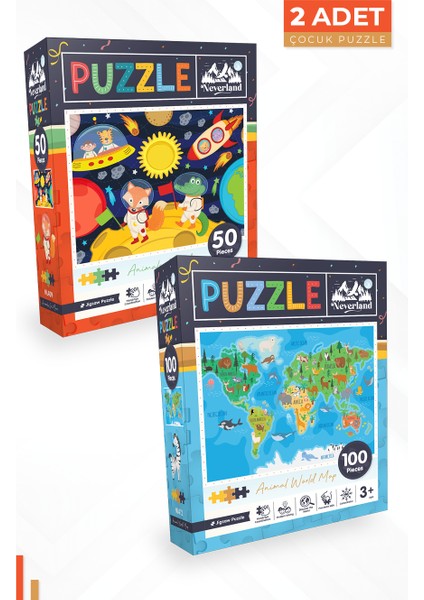 2 Adet Puzzle - 50 Parça Ay Hayvanları ve 100 Parça Hayvan Dünya Haritası