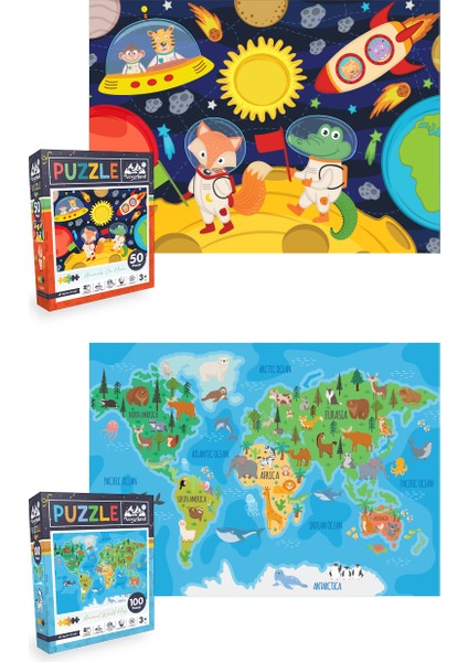 2 Adet Puzzle - 50 Parça Ay Hayvanları ve 100 Parça Hayvan Dünya Haritası