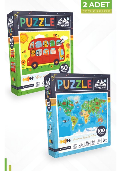 2 Adet Puzzle - 50 Parça Hayvanlarla Otobüs ve 100 Parça Hayvan Dünya Haritası