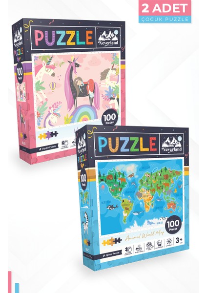 2 Adet 100 Parça Puzzle - Unıcorn ve Hayvan Dünya Haritası